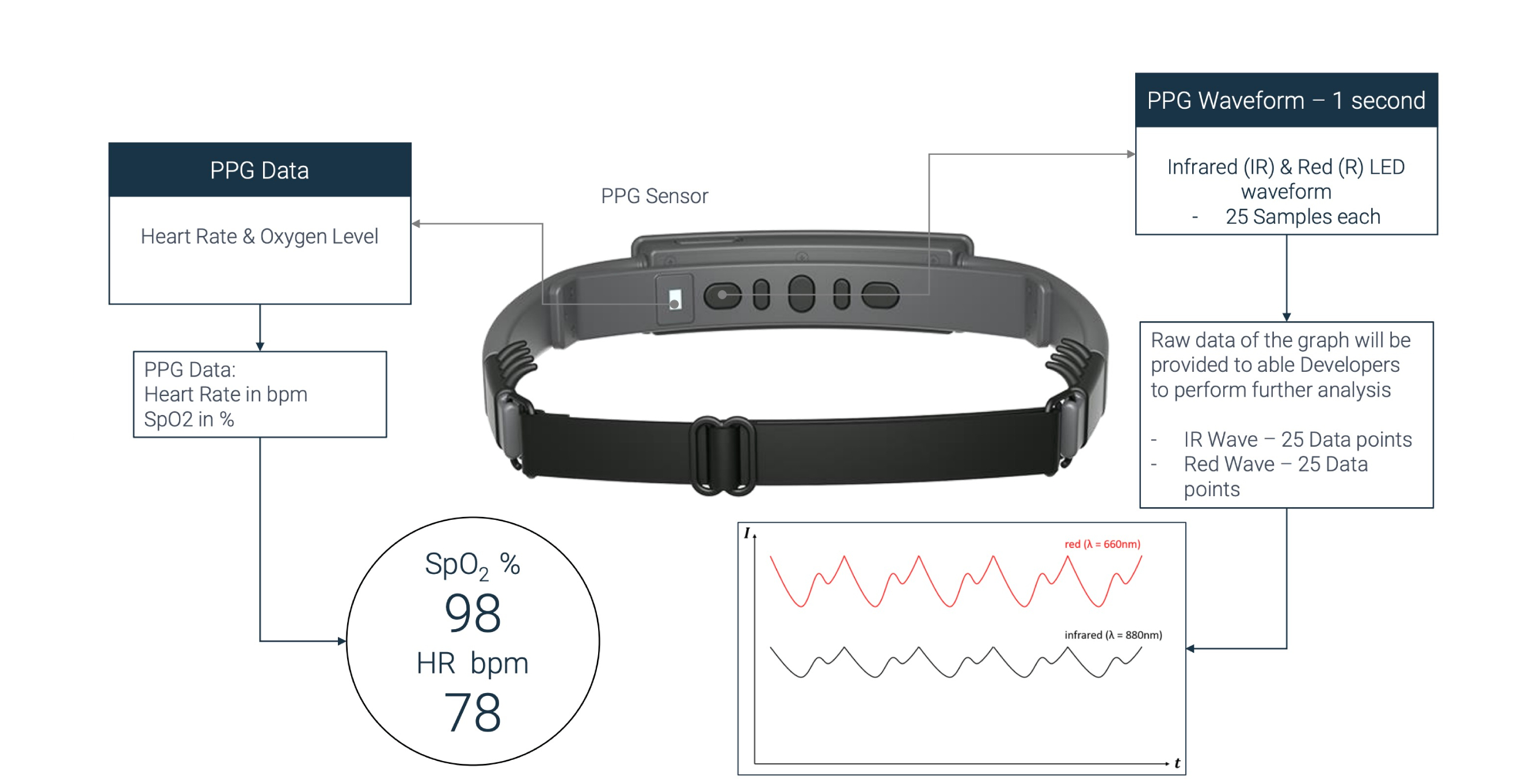 Image of SenzeBand with arrow pointing to PPG sensor
